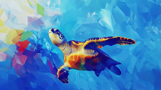 A vibrant, colorful digital illustration of a sea turtle swimming underwater against a geometric blue background.