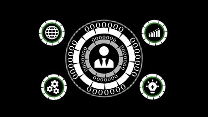 Digital interface depicting business concepts of globalization growth innovation and collaboration with central figure on dark background.