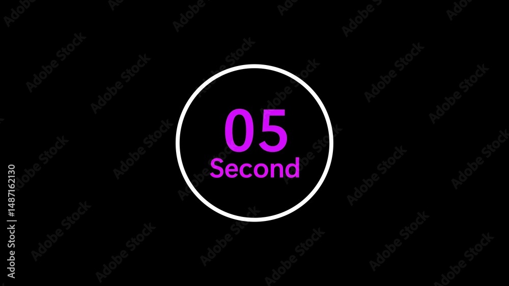 Poster a modern countdown timer displaying five seconds with a stylish purple number and word on a dark bac