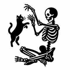 Fototapeta premium Skeleton playing with a black cat. Halloween Skull Bones Anatomy Skeletal Clipart Line Art Vector Illustration. Bony figure frolic ebony feline spooky gothic concept.