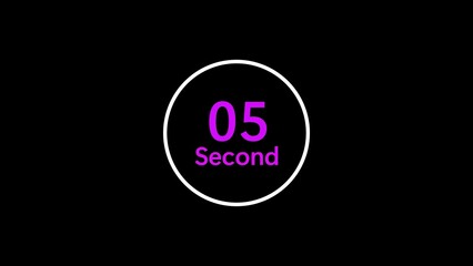 A modern countdown timer displaying five seconds with a stylish purple number and word on a dark background for various multimedia applications.