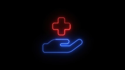 Neon style illustration featuring a hand holding a red cross symbol representing medical care and support on a black background