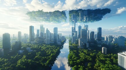Naklejka premium Futuristic urban transformation city skyline digital art green environment aerial view sustainable concept