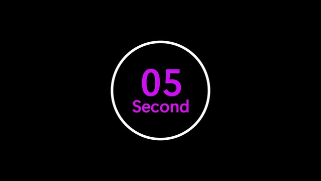 A modern countdown timer displaying five seconds with a stylish purple number and word on a dark background for various multimedia applications.
