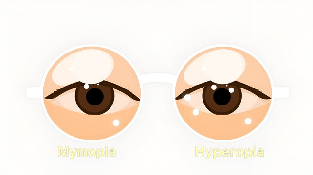 Vector illustration of normal vision and myopia and hyperopia.