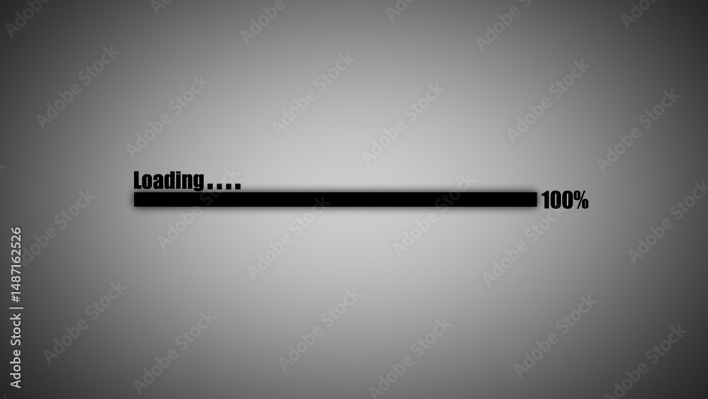 Poster minimalist loading screen design concept with 100 percent completion displayed on a grayscale gradie