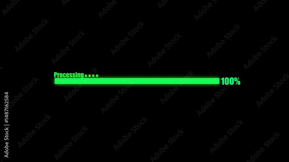 Poster green glowing progress bar indicating 100 percent completion during processing against a stark black