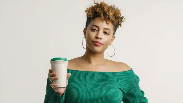 Radiant Coffee Ritual: A stylish woman with vibrant hairstyle, embraces her coffee, showcasing an eco-friendly cup, ready to kickstart her day.