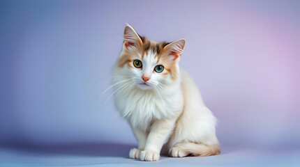 Elegant Turkish Angora Cat with Heterochromia &mdash; Sharp White Fur on Pastel Abstract Background, Generative AI