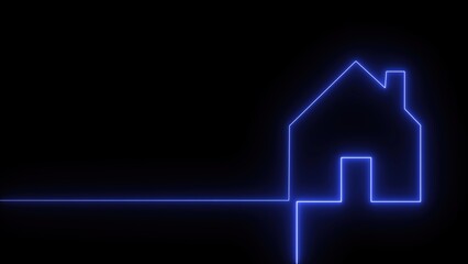 Glowing neon blue house outline on a black background representing concepts of home and real estate with modern and minimalist design