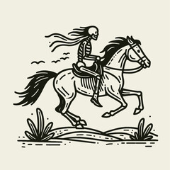 Skeleton riding a haunted horse. Halloween Skull Bones Anatomy Skeletal Clipart Line Art Vector Illustration. Bony equestrian phantom gallop spooky undead steed adventure image.