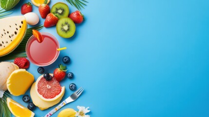 Fototapeta premium Fresh Colorful Fruits and Refreshing Drink on Blue Background