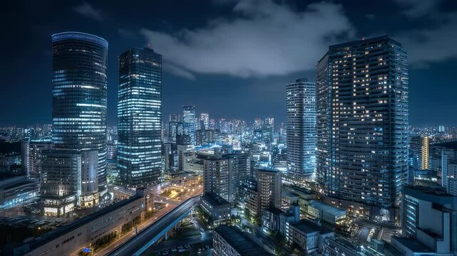 Modern illuminated cityscape of osaka at night with glowing skyscrapers and vibrant urban lights reflecting on wet streets