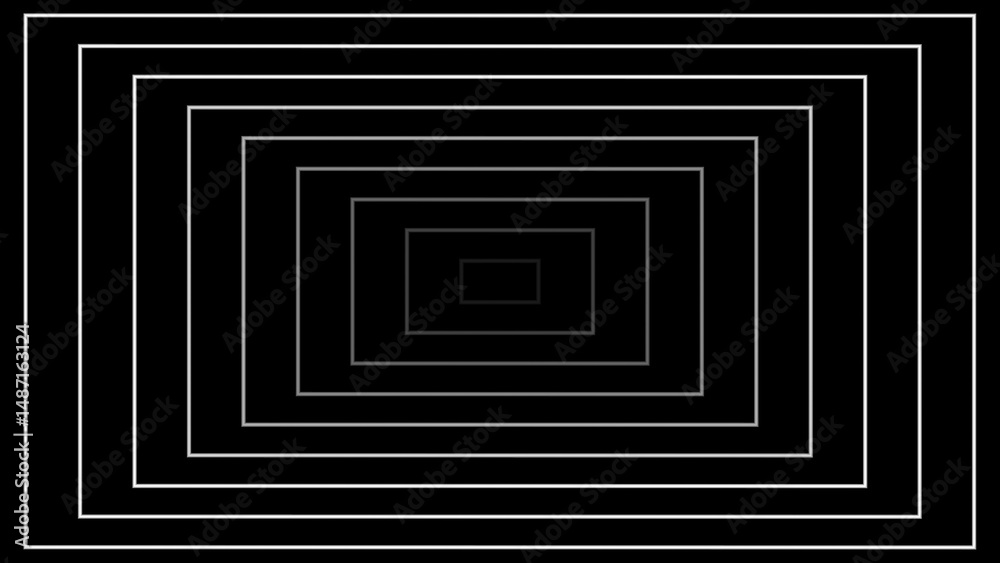 Poster black and white abstract illustration featuring nested rectangular shapes creating a tunnel effect w