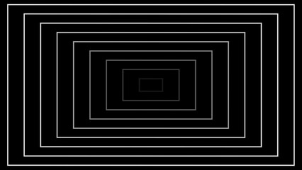 Black and white abstract illustration featuring nested rectangular shapes creating a tunnel effect with perspective and depth perfect for backgrounds.