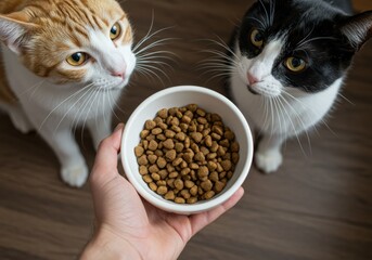 Two curious cats gaze at a bowl of cat food, anticipating their meal eagerly.