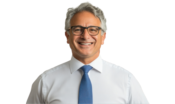 Portrait of a smiling businessman with glasses and tie isolated on a white background
