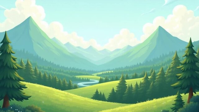 cartoon landscape with hills and forest