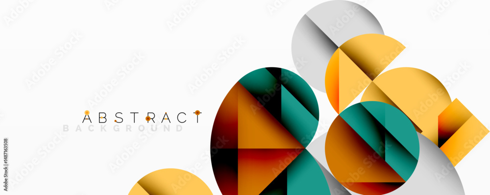 Poster Modern abstract design features overlapping circles, triangles. Warm colors contrast cool tones on white background. Geometric shapes create dynamic composition.