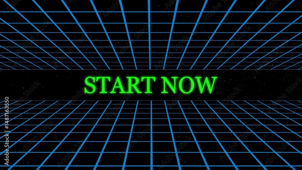 Poster retro styled graphic design shows the phrase start now illuminated in bright green within a grid bac