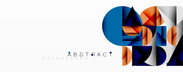Modern abstract design features overlapping geometric shapes. Blue, orange, gray tones create dynamic visual effect. Clean background enhances composition.