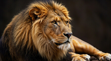 Fototapeta premium Majestic Lion Portrait Showcasing Regal Power and Natural Beauty in a Studio Setting with Dark Moody Background, Revealing Golden Mane