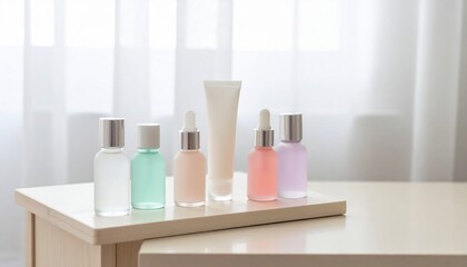 Pastel-colored mini perfume bottles and cream containers on a dressing table
