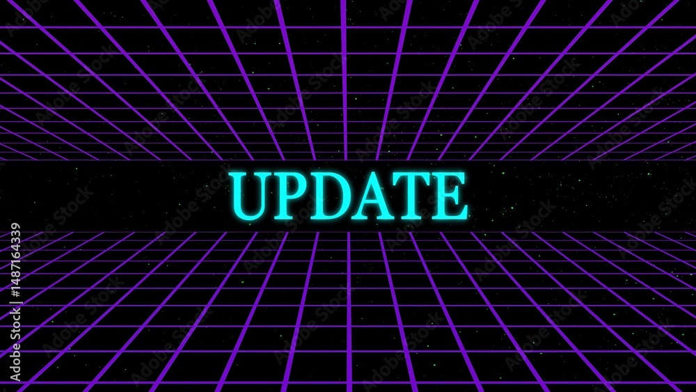 Poster retro style digital design element with the word update in a glowing neon font against a classic eig
