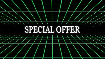 Special offer text overlayed on a neon grid background ideal for marketing, promotional content and cyberpunk style designs.