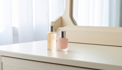 Pastel-colored mini perfume bottles and cream containers on a dressing table