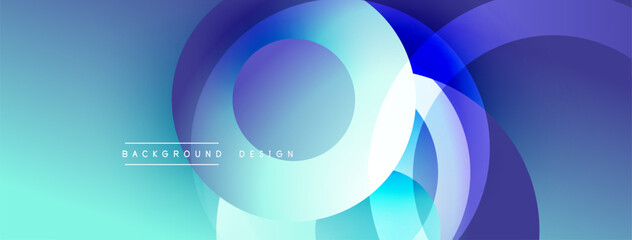 Abstract background features overlapping circles, gradients. Blue, turquoise hues dominate design. Modern, clean aesthetic.