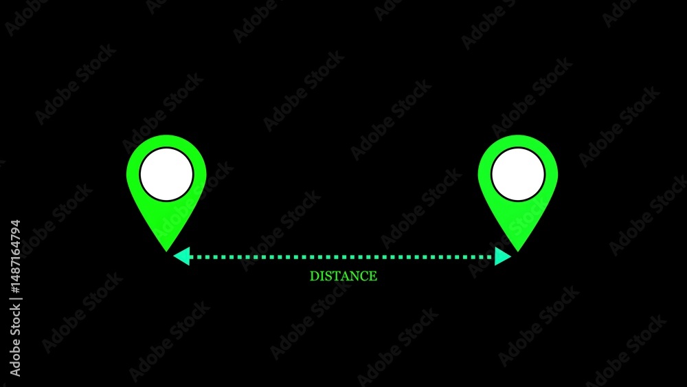 Poster visual representation of distance measurement between two points marked by vibrant green location pi
