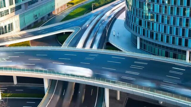 Time-lapse motion blur of traffic on multilayer highway interchange in modern business district