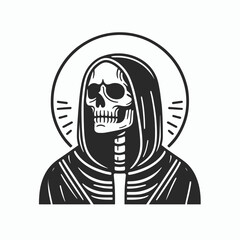 Skeleton wearing a black cloak. Halloween Skull Bones Anatomy Skeletal Clipart Line Art Vector Illustration. Bony figure in dark robe gothic phantom funerary garment macabre shade.