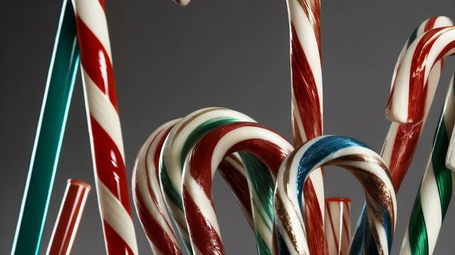 Festive display of colorful candy canes with red, white, green and blue stripes on a neutral background for holiday season celebrations