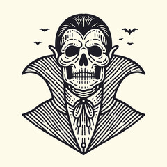 Skeleton wearing a Dracula cape. Halloween Skull Bones Anatomy Skeletal Clipart Line Art Vector Illustration. Bony figure in nocturnal attire spooky fiend vampiric cloak costume.