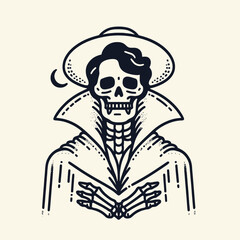 Fototapeta premium Skeleton wearing a Dracula cape. Halloween Skull Bones Anatomy Skeletal Clipart Line Art Vector Illustration. Bony figure in dark attire monstrous costume mystic undead apparition.