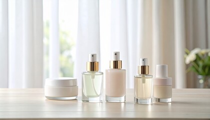 Pastel-colored mini perfume bottles and cream containers on a dressing table