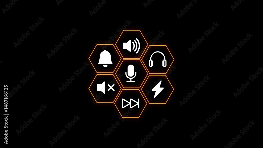 Poster futuristic audio control icons set within a hexagonal grid design on a dark backdrop for digital int