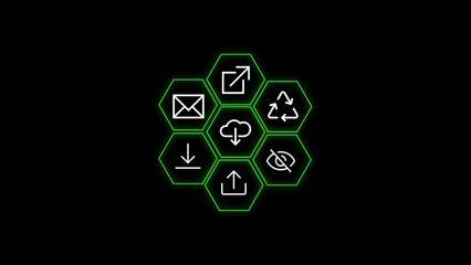 Green hexagon network icons representing cloud computing email upload download visibility and recycling concepts on a black background.
