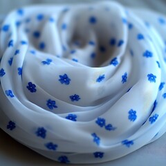 Delicate white fabric scarf with small blue flower pattern.  Soft, flowing material