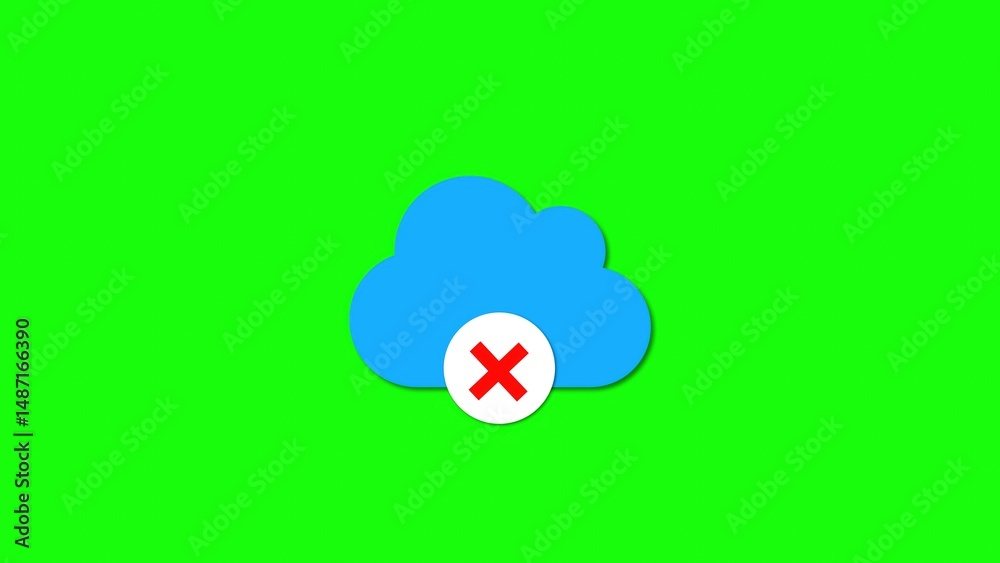 Poster cloud computing failure concept represented by a blue cloud icon with a red cross symbol on a green 