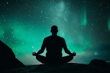 Silhouette of meditating figure cosmic void watching multiverse timelines unfold like auroras featuring mindfulness and dimensional vision