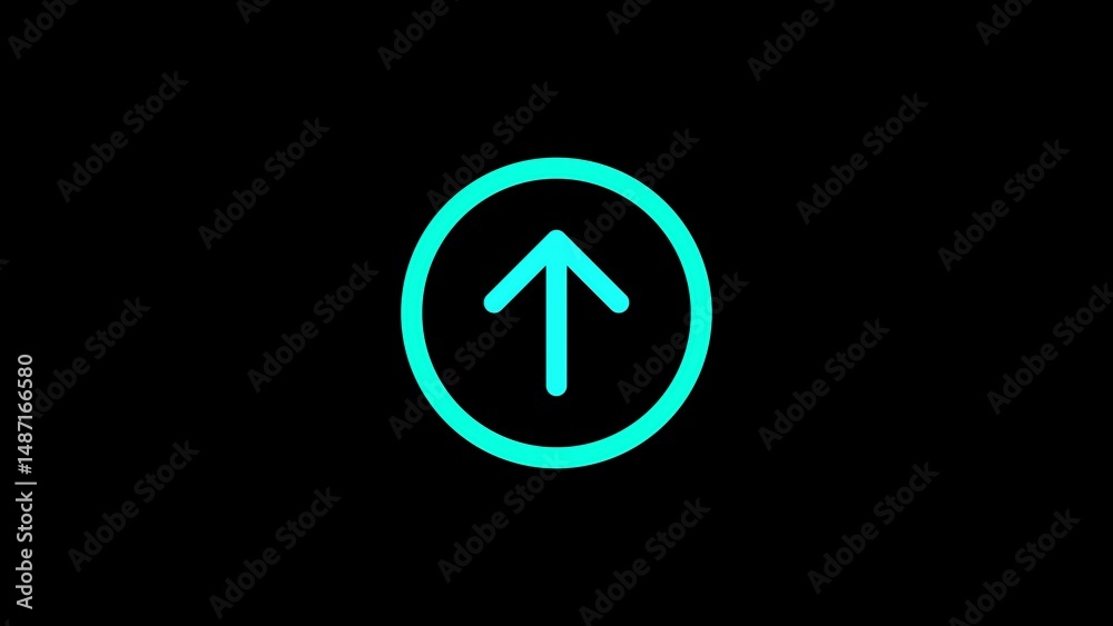 Poster minimalist up arrow icon in vibrant cyan green circular design over a deep black background for web 