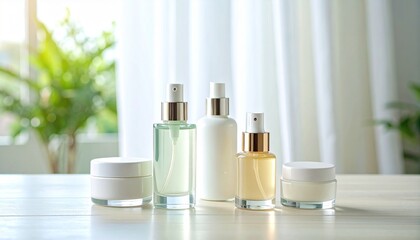 Pastel-colored mini perfume bottles and cream containers on a dressing table