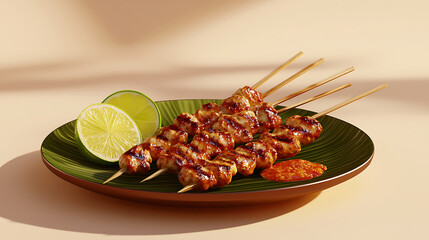 A vibrant dish featuring skewered grilled meat or vegetables, garnished with fresh herbs and served on a green plate alongside lime wedges.