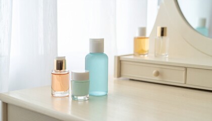 Pastel-colored mini perfume bottles and cream containers on a dressing table