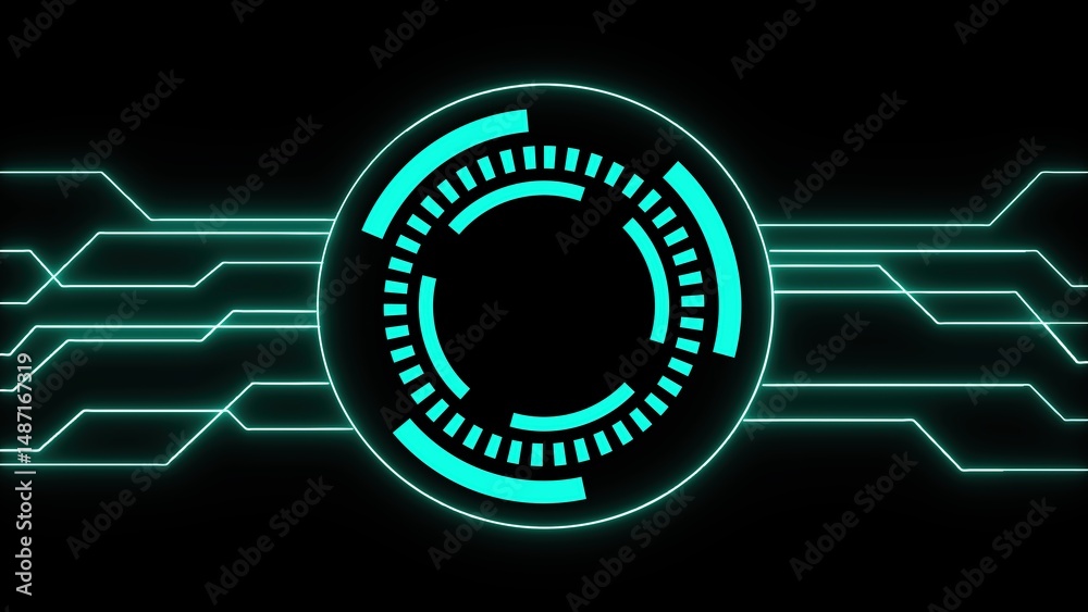 Poster futuristic tech design featuring a glowing circular interface and circuitry over a dark background f