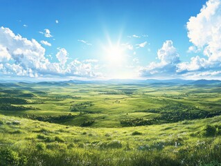 Obraz premium Breathtaking sunrise over expansive green meadows nature landscape scenic vista tranquil environment panoramic view