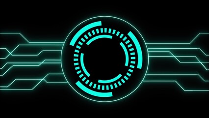 Futuristic tech design featuring a glowing circular interface and circuitry over a dark background for digital concepts.